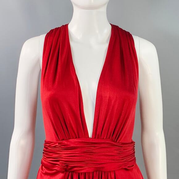 AZZARO Size 6 Woven Venus Red Viscose Plunging V-Neck Knee Length Cocktail Dress - Picture 2 of 9